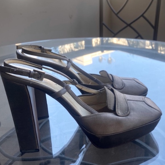 Prada Shoes - Vintage Prada Silk Platform Heels in Silver